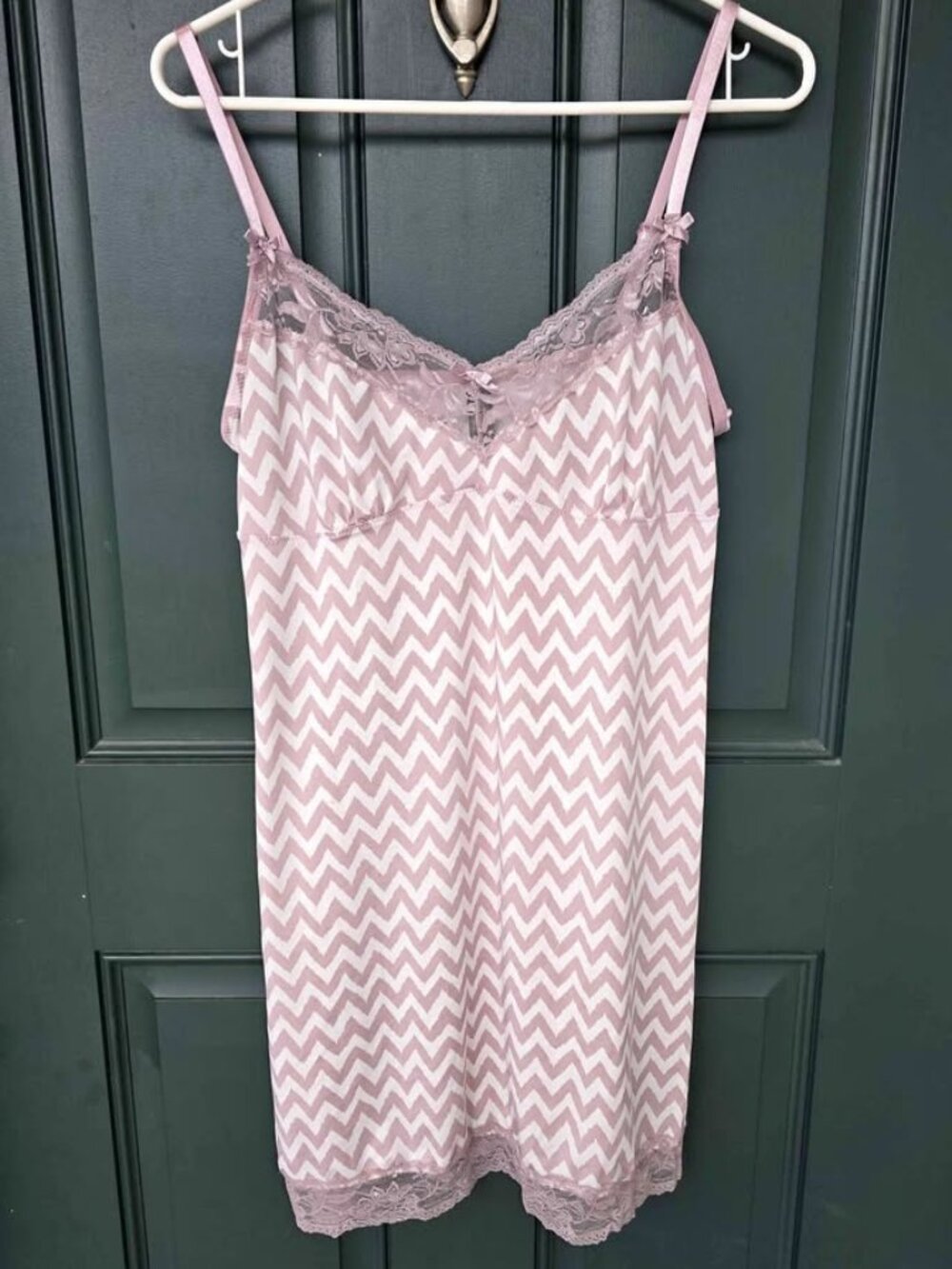 Dusty Rose Chevron Lace Trim Slip Chemise Nightgown Size Large